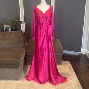 Women’s Pink Satin Full Length Long Sleeve Dress Corset Back Leg Slit Size 8